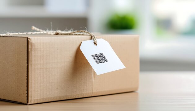 Cardboard shipping box with barcode tag and string on table for delivery