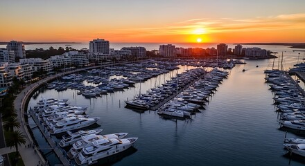 Fototapeta premium Aerial view of marina filled with boats at vibrant sunset overlooking city skyline