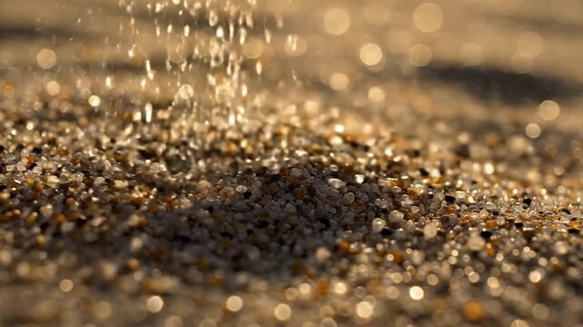 Close-up macro view of golden sand grains shifting gently in natural light
