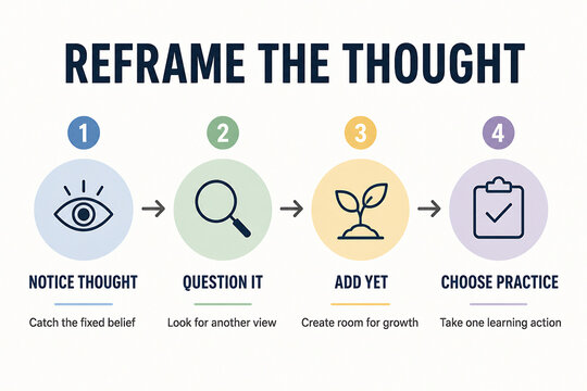 An infographic illustrates a four-step process to reframe a thought: notice, question, add yet, and choose practice.