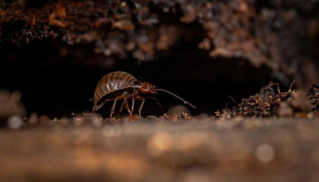 Detailed macro photograph of an earwig insect exploring a damp, dark crevice, highlighting its intricate anatomy.