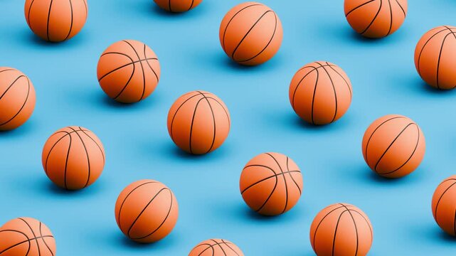 Seamless 3D Animation of Basketball Balls Rolling on Blue Background, Pattern Loop