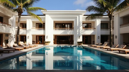 Obraz premium Luxury hotel with pool and palm trees. White modern architecture provides upscale resort ambiance. Sunbeds await guests for relaxation by clear blue water.