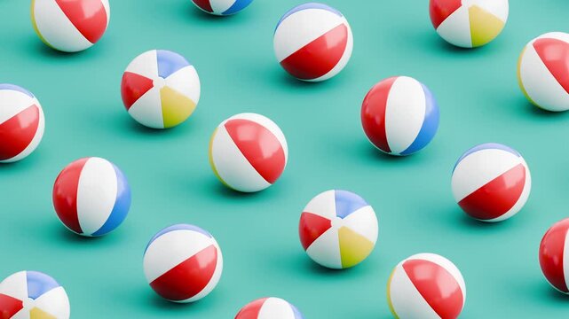 Seamless 3D Animation of Beach Balls Rolling on Blue Background, Pattern Loop