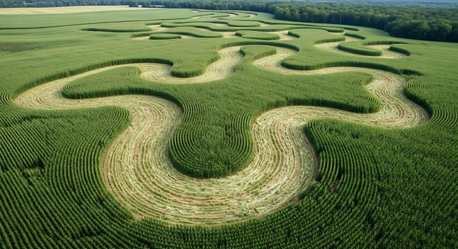Aerial view of intricate crop circle pattern carved into a lush green agricultural field