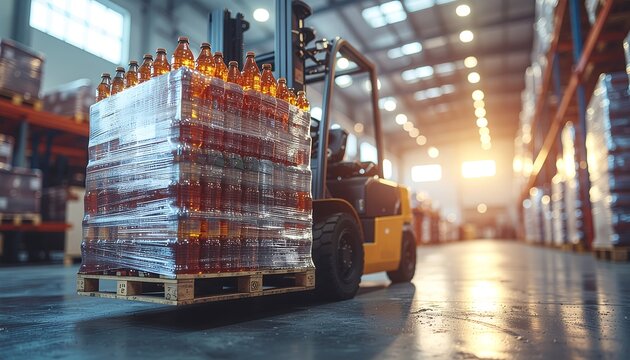 Forklift lifting pallet of plastic bottles in industrial warehouse. Logistics transport in large distribution center.