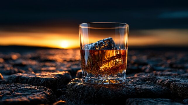 Whiskey glass resting on cracked desert ground at sunset with golden hour lighting for luxury beverage marketing