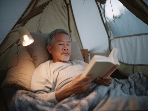 An East Asian senior man in his 60s with fair skin and grey hair reads a book inside a cozy tent nook under a warm lamp light.