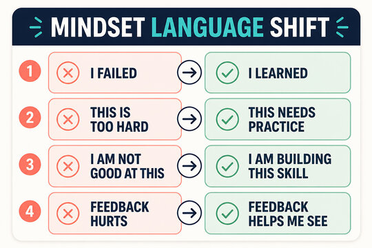 A graphic illustrating a mindset language shift from negative self-talk to positive, growth-oriented statements.
