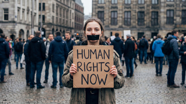 Young protester with tape over mouth holding human rights now sign in city square crowd behind symbolizing free speech civic activism social justice public awareness movement protest message