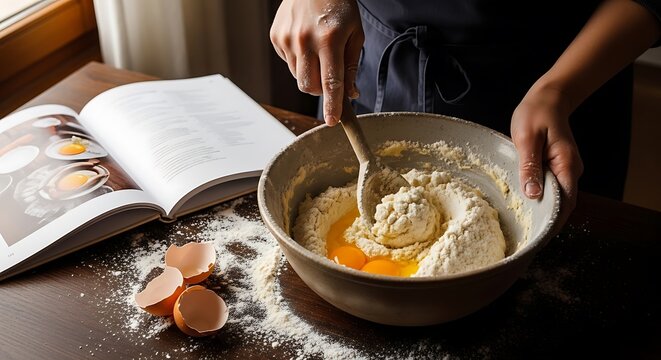 Hands mixing ingredients in bowl with open cookbook and eggshells on table