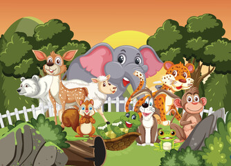 Naklejka premium Group of Cartoon Jungle Animals in Forest at Sunset