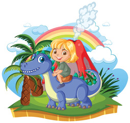 Young Girl Riding a Friendly Blue Dinosaur Near a Smoking Volcano © brgfx