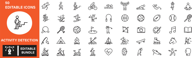 Fototapeta premium Activity Detection Vector Icons Bundle – 50 AI Surveillance, Human Motion Recognition and Smart Security Outline Icons Set