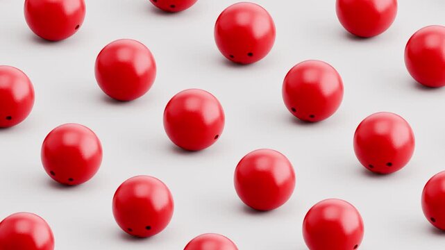 Seamless 3D Animation of Bowling Balls Rolling on Gray Background, Pattern Loop