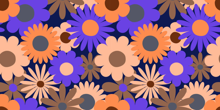 Seamless pattern with daisy flowers in purple, orange, brown, and beige tones on dark blue background. Vibrant floral vector illustration