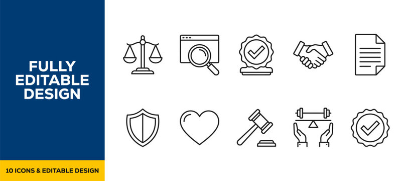Law and justice legal protection flat vector icon bundle illustration design for attorney services and judicial compliance