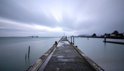 Fototapeta premium Empty harbor pier with fog rolling in and receding under a cloudy sky