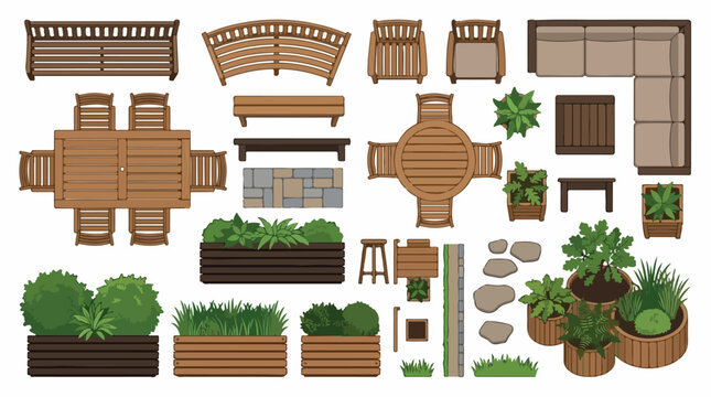 Outdoor garden furniture and landscape elements set, top view wooden patio furniture icons, backyard terrace design vector collection