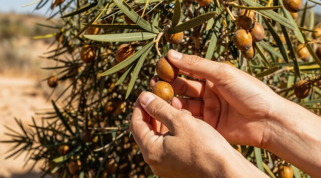 Hands pick ripe jojoba fruits from plant branch. Person gathers natural seeds for oil extraction and wellness products. Rural farming scene under bright sunlight.
