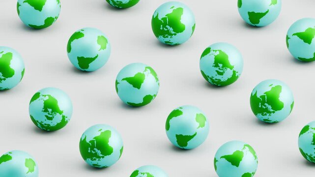 Seamless 3D Animation of Earth Planets Rolling on Gray Background, Pattern Loop