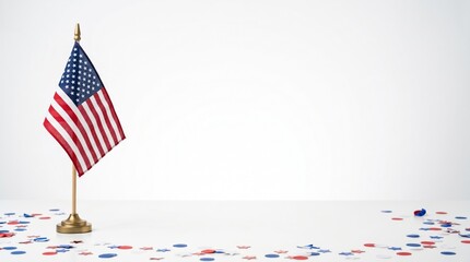 American Flag with Confetti: A proud American flag stands on a pedestal, adorned with festive confetti scattered across the surface, symbolizing national pride and celebration.