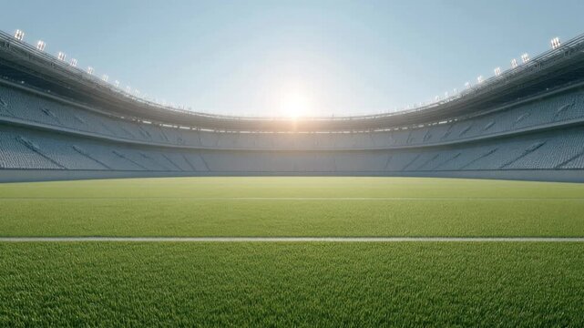 Wide view of empty modern open air stadium with fresh green grass field and bright sunlight during clear blue sky day