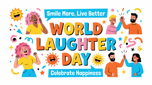 World Laughter Day banner with happy people, celebrate happiness and smile more concept, colorful flat vector illustration with confetti