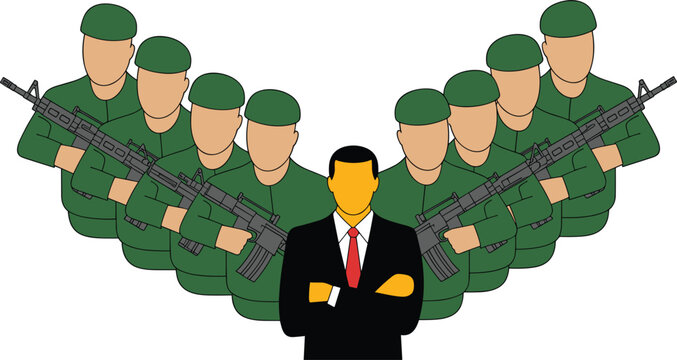 Business leader with armed soldiers protection security authority concept vector illustration design
