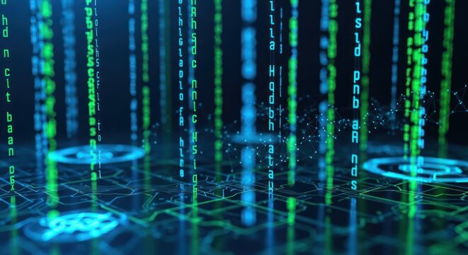 Digital code raining down on a technological landscape