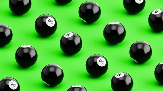 Seamless 3D Animation of Pool 8 Balls Rolling on Green Background, Pattern Loop