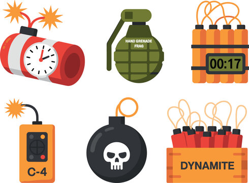 Cartoon explosive devices set bombs grenades dynamite timers danger icons vector illustration collection