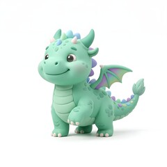 Fototapeta premium Cute pastel green toy dragon figurine with purple and blue accents on white background