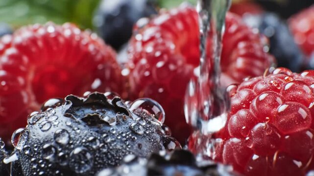 Macro shot of fresh red raspberry with clear water stream and droplets on skin, surrounded by ripe blueberries in shallow depth of field background, high detail texture.