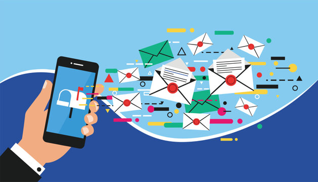 Mobile email marketing concept showing a hand holding a smartphone with numerous flying envelopes and icons on a blue wave.