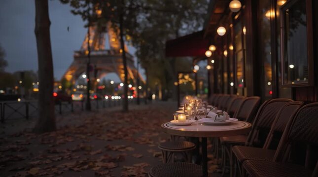Candles lit on tables outside a cafe near the Eiffel Tower during evening in Paris with fallen leaves on the ground