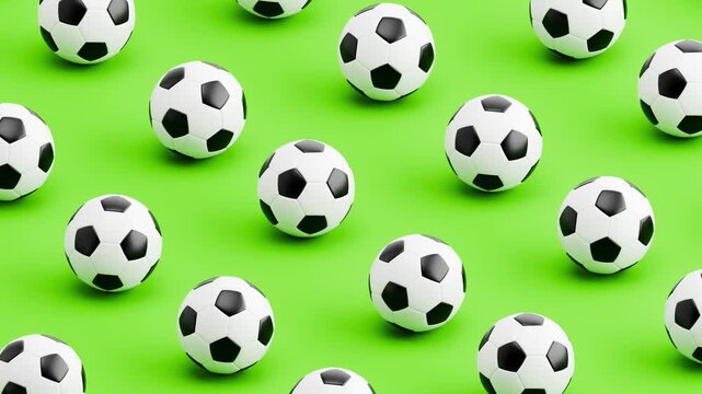 Seamless 3D Animation of Soccer Balls Rolling on Green Background, Pattern Loop