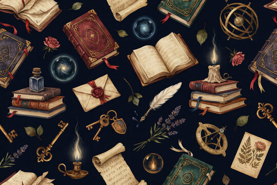 Seamless pattern featuring magical books quills candles keys and celestial globes on a dark navy blue background, for fantasy themed