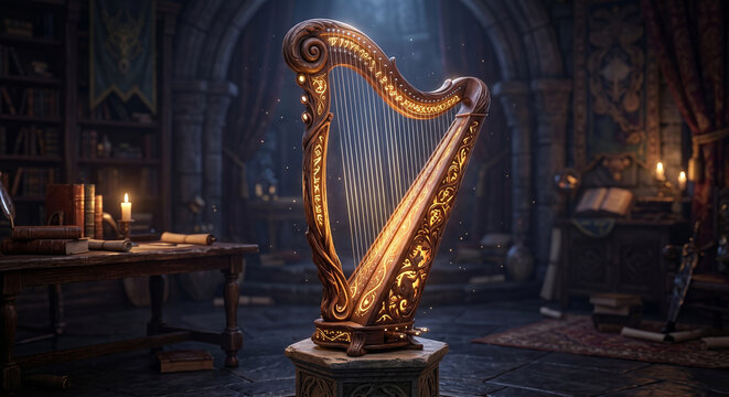 Enchanted glowing fantasy harp in an ancient magical study room