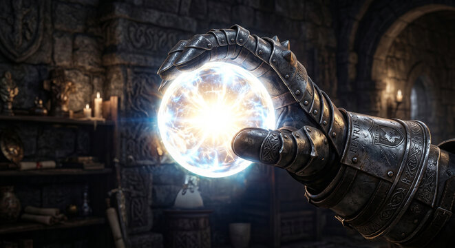 Knight's Armored Gauntlet Holding a Glowing Magical Orb
