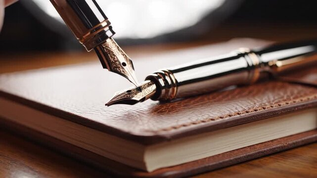 Two Elegant Luxury Fountain Pens Resting on a Rich Leather Notebook for Writing and Inspiration