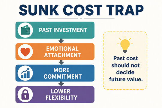 An infographic illustrates the sunk cost trap, showing a progression from past investment to lower flexibility.