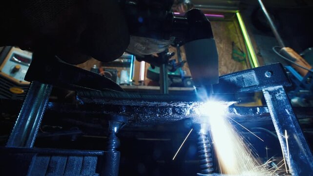 Professional Plasma Torch Cutting Thick Steel Sheet inside Industrial Plant. CNC Machine or Manual Operator Creates Powerful Stream of White Sparks. Tool of Advanced Metallurgy Production Process 4k