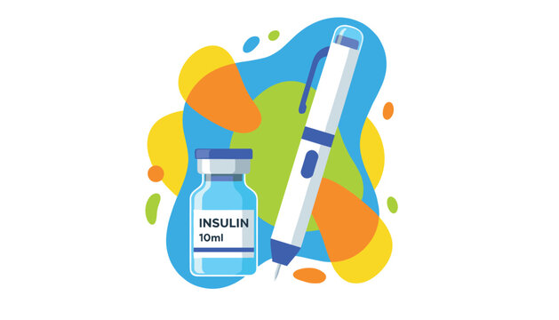 Diabetes treatment equipment set including a modern insulin injection pen and a ten milliliter vial on an abstract background.