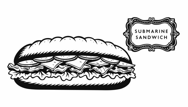 Very beautiful black-and-white engraved vector illustration featuring a SUBMARINE SANDWICH packed with meats, cheese, lettuce, tomato, and fresh ingredients, accompanied by a decorative food label rea