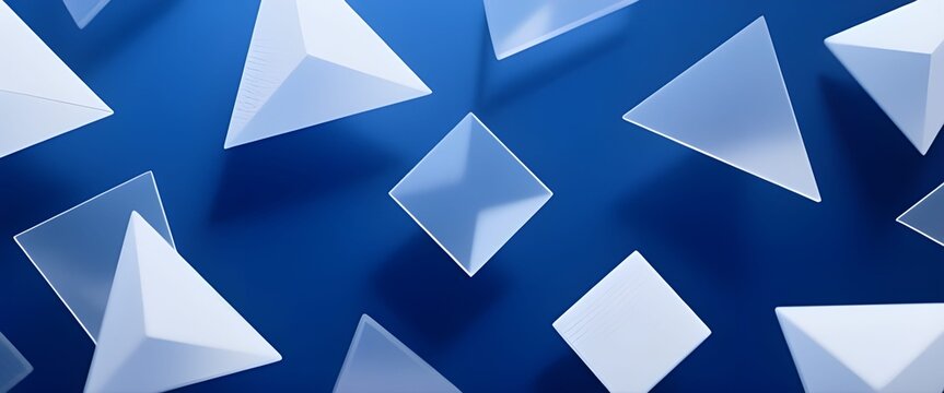 Abstract 3d rendering of chaotic geometric shapes. Blue background with white glowing triangular elements. Reflective surface pattern.