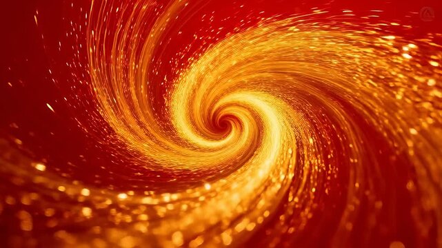 Red background with golden spiral light bands and glowing swirling particles