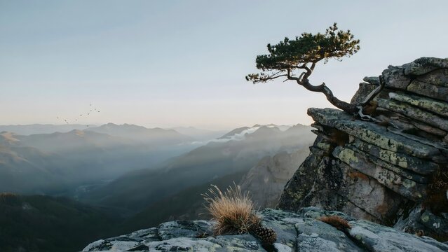 Wind-sculpted pine on cliff above misty valley &ndash; Ideal for solitude concepts, high-end real estate, or mountain tourism posters.