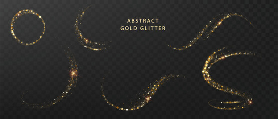 Obraz premium Golden glitter wave collection featuring magical light trails and sparkling dust particles. Abstract festive design elements with elegant star accents.