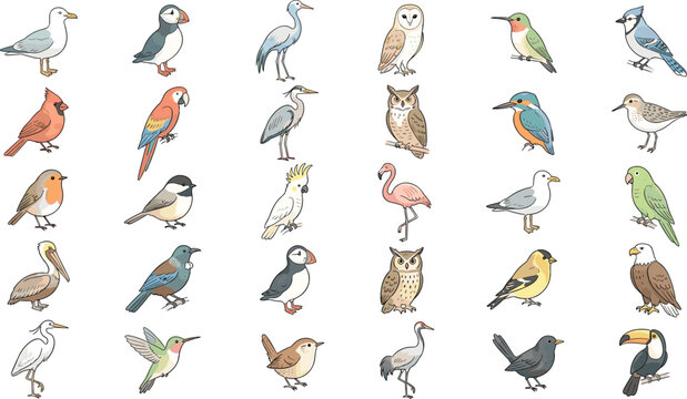 Wild bird species illustration set featuring seagull puffin heron owl hummingbird cardinal parrot flamingo pelican eagle and toucan isolated on white background